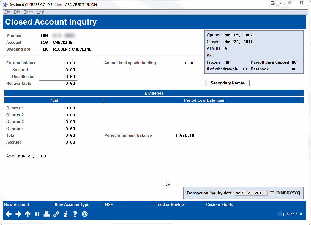 Inquiry Closed Share Draft Account Detail